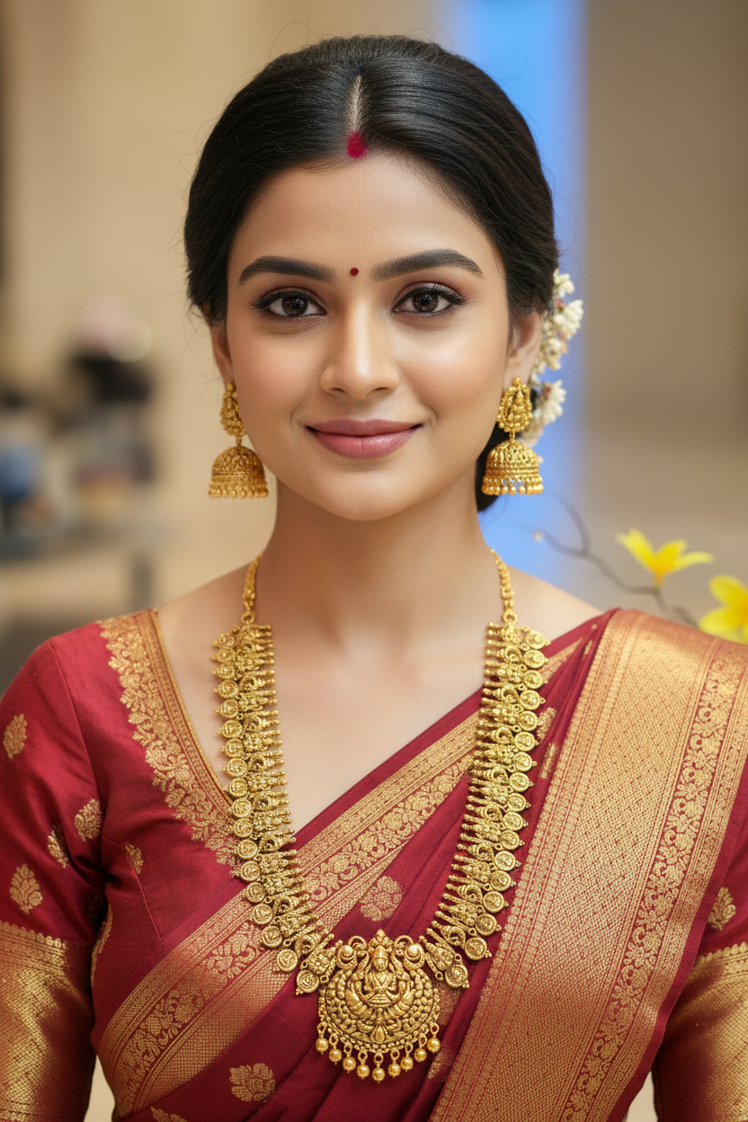 Indian woman in red and gold saree with traditional gold jewelry, earrings, and necklace at Anandi Fashions