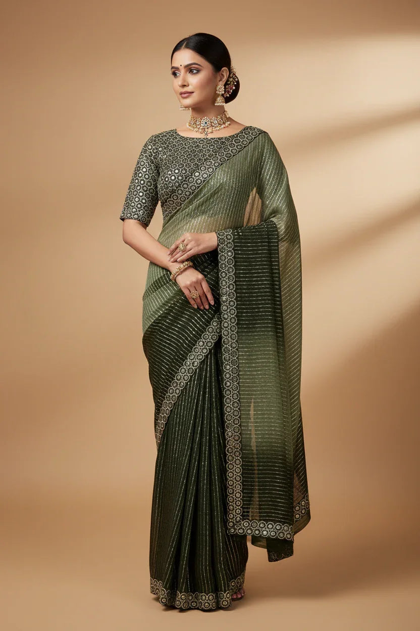 Woman wearing dark green Indian saree with intricate silver embroidery, styled with traditional jewelry