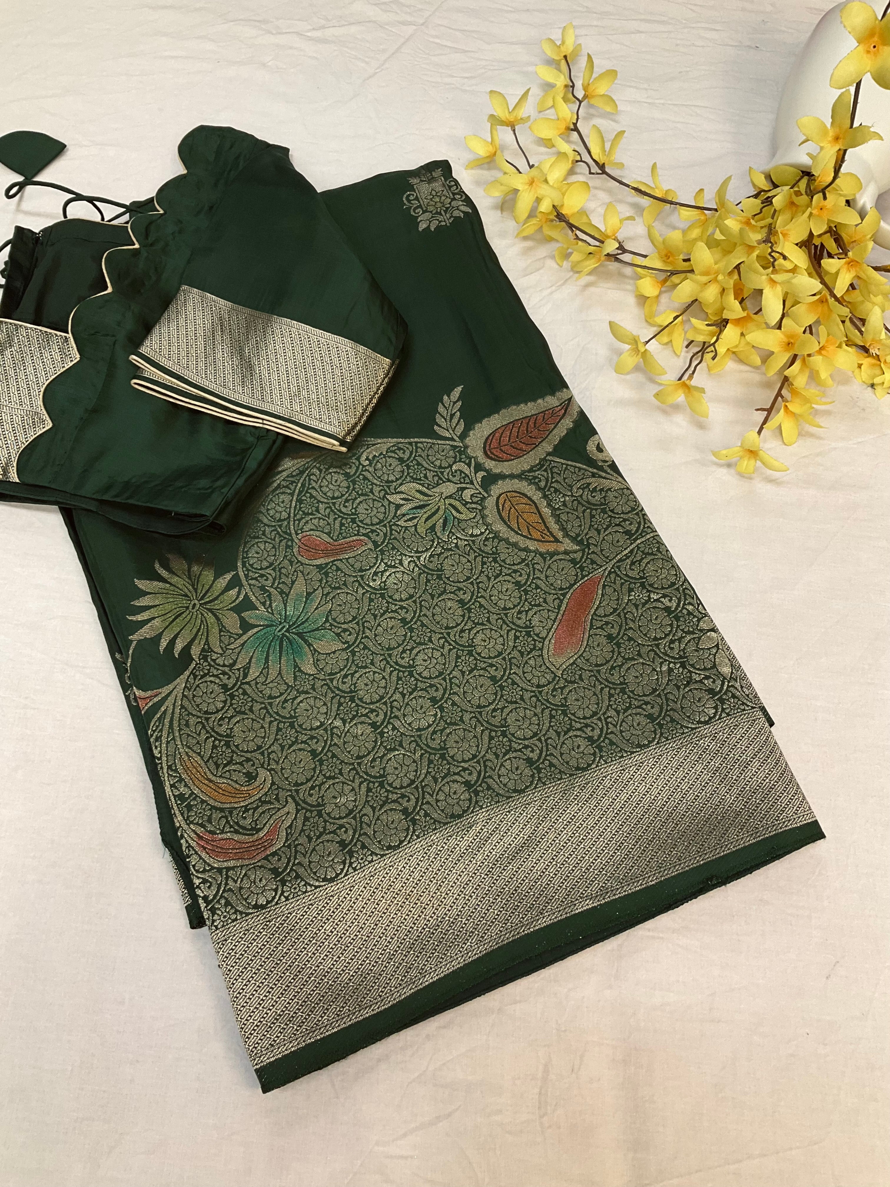 Bottle green Benarasi saree with stitched Blouse