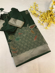 Bottle green Benarasi saree with stitched Blouse