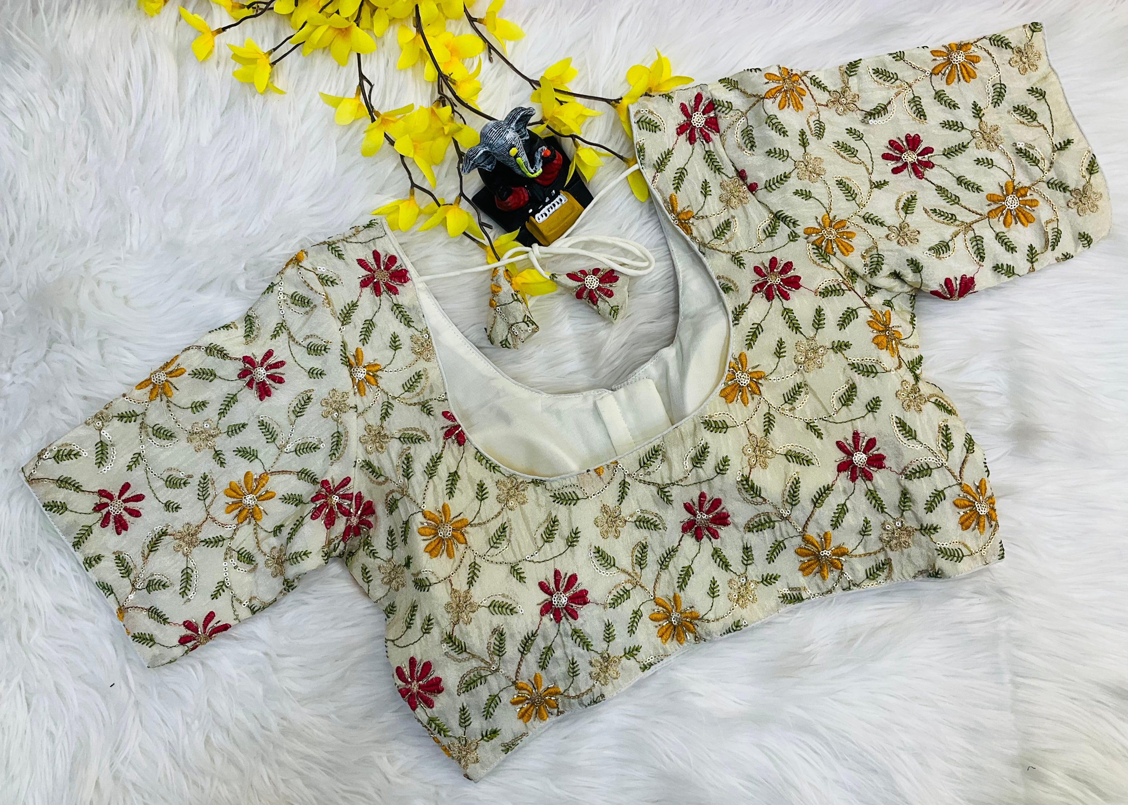 Front Opening - Half White Tissue Embroidery Work Blouse