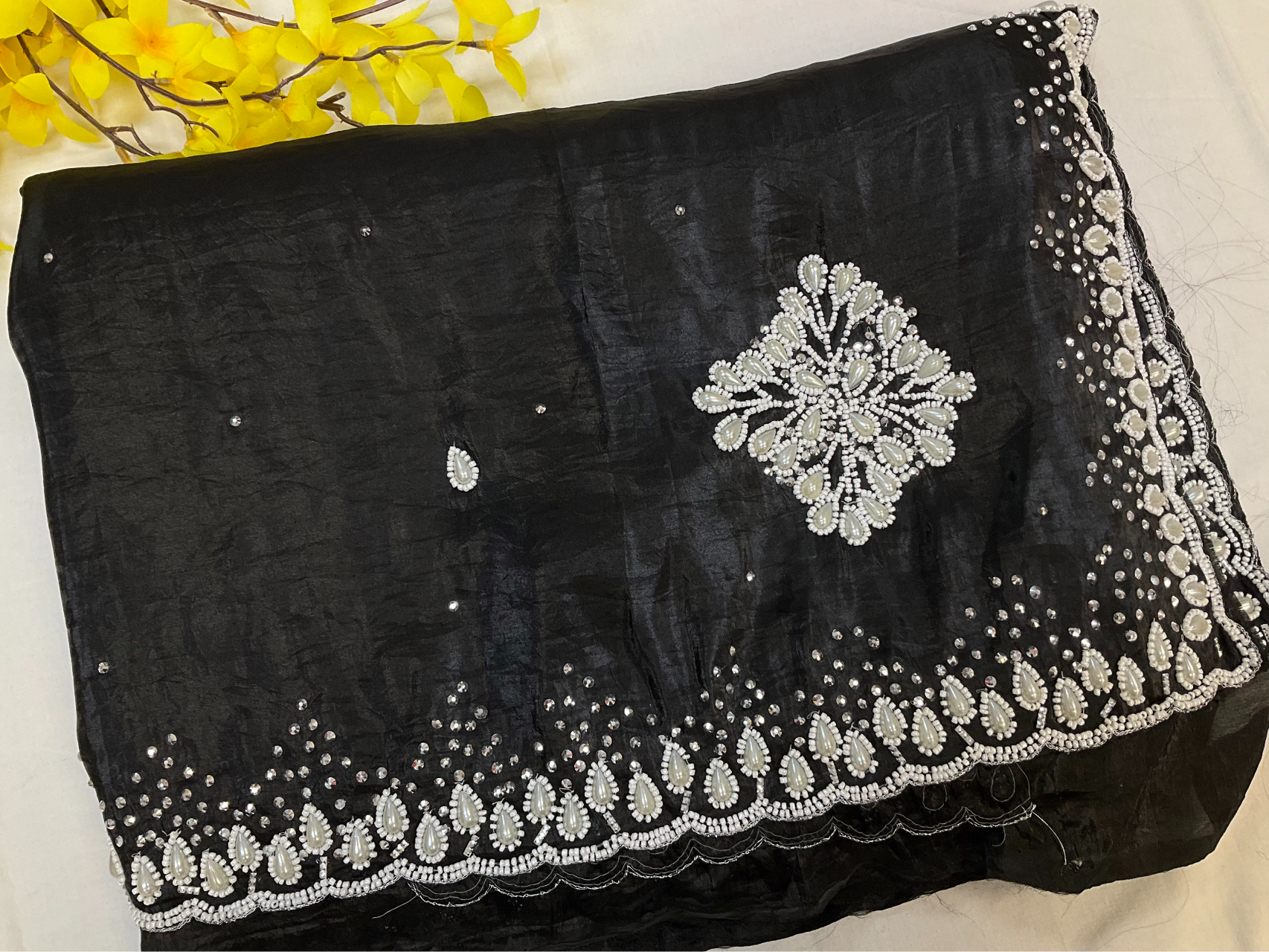 Crushed tissue saree with pearl bead work image 6