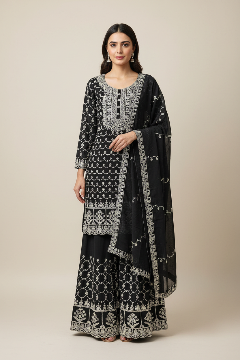 Grey Heavy Work Designer Wedding & Festive Embroidered Sharara Set