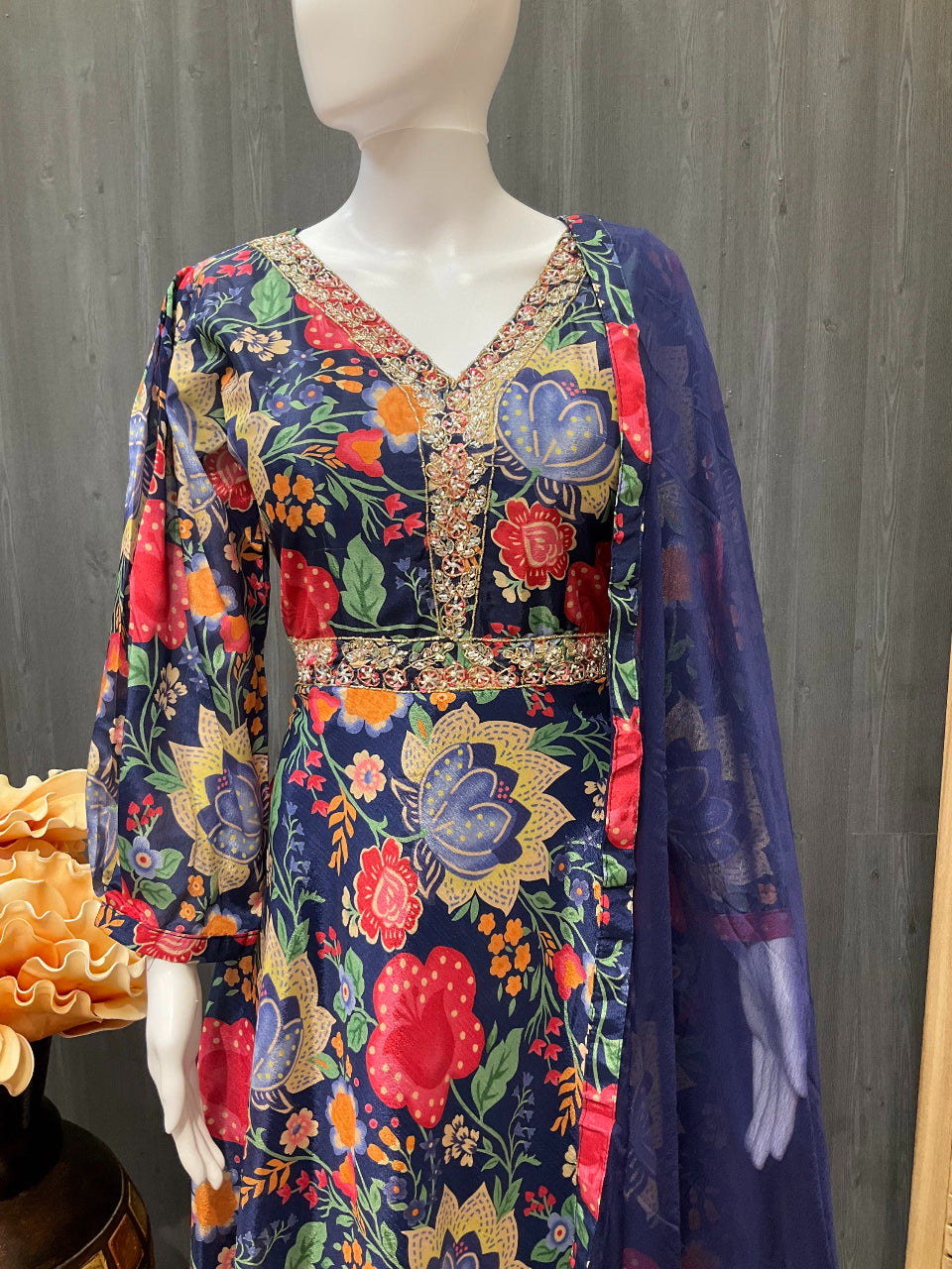 Royal Blue - Floral Print Satin Silk Long party wear dress image 1