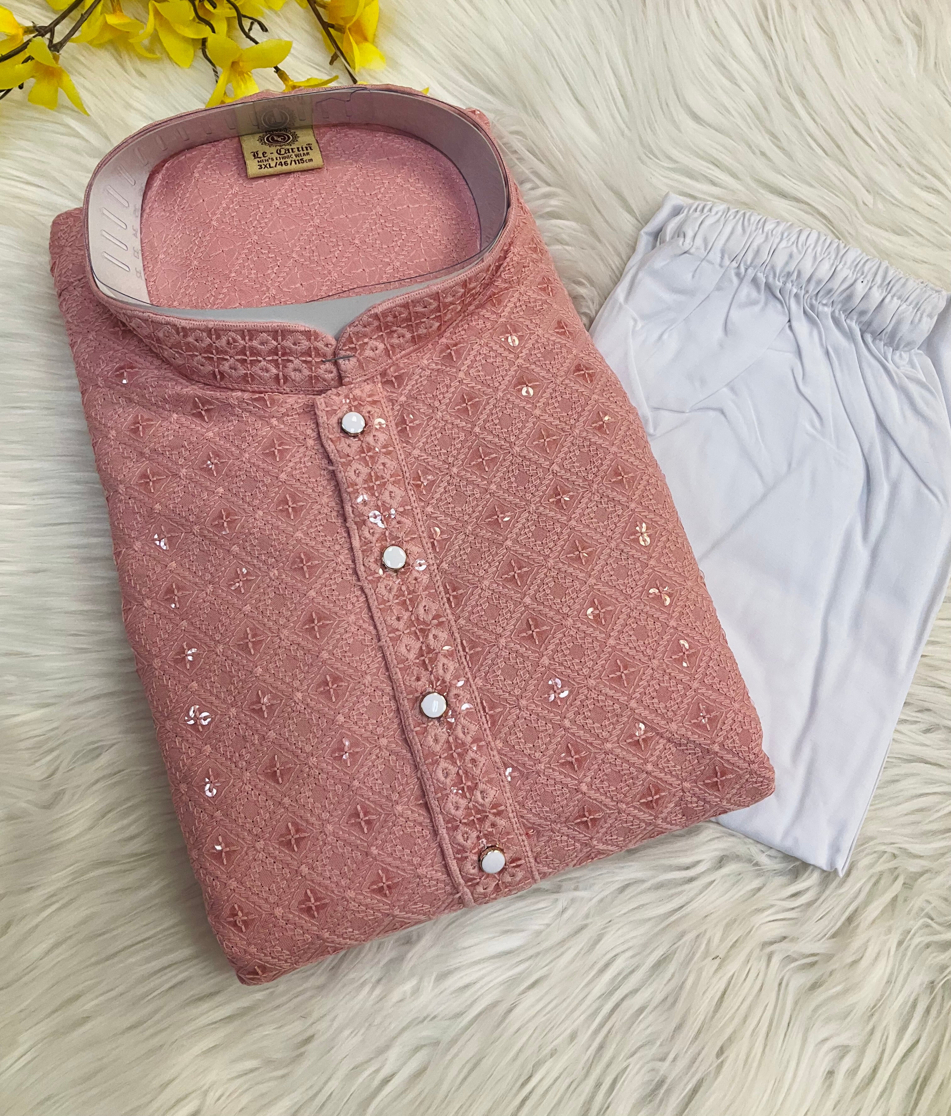 Men’s Pastel Pink Chikankari Kurta Set