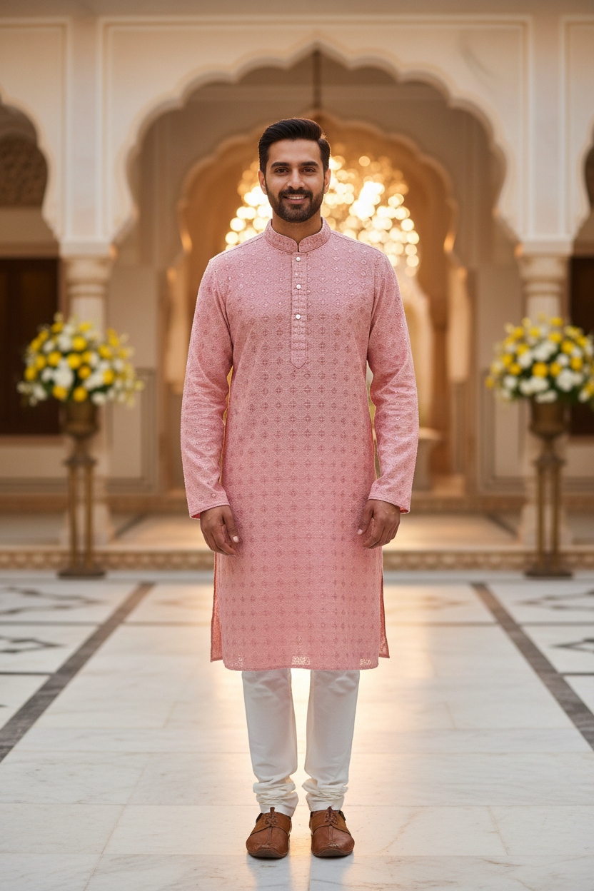Men’s Pastel Pink Chikankari Kurta Set