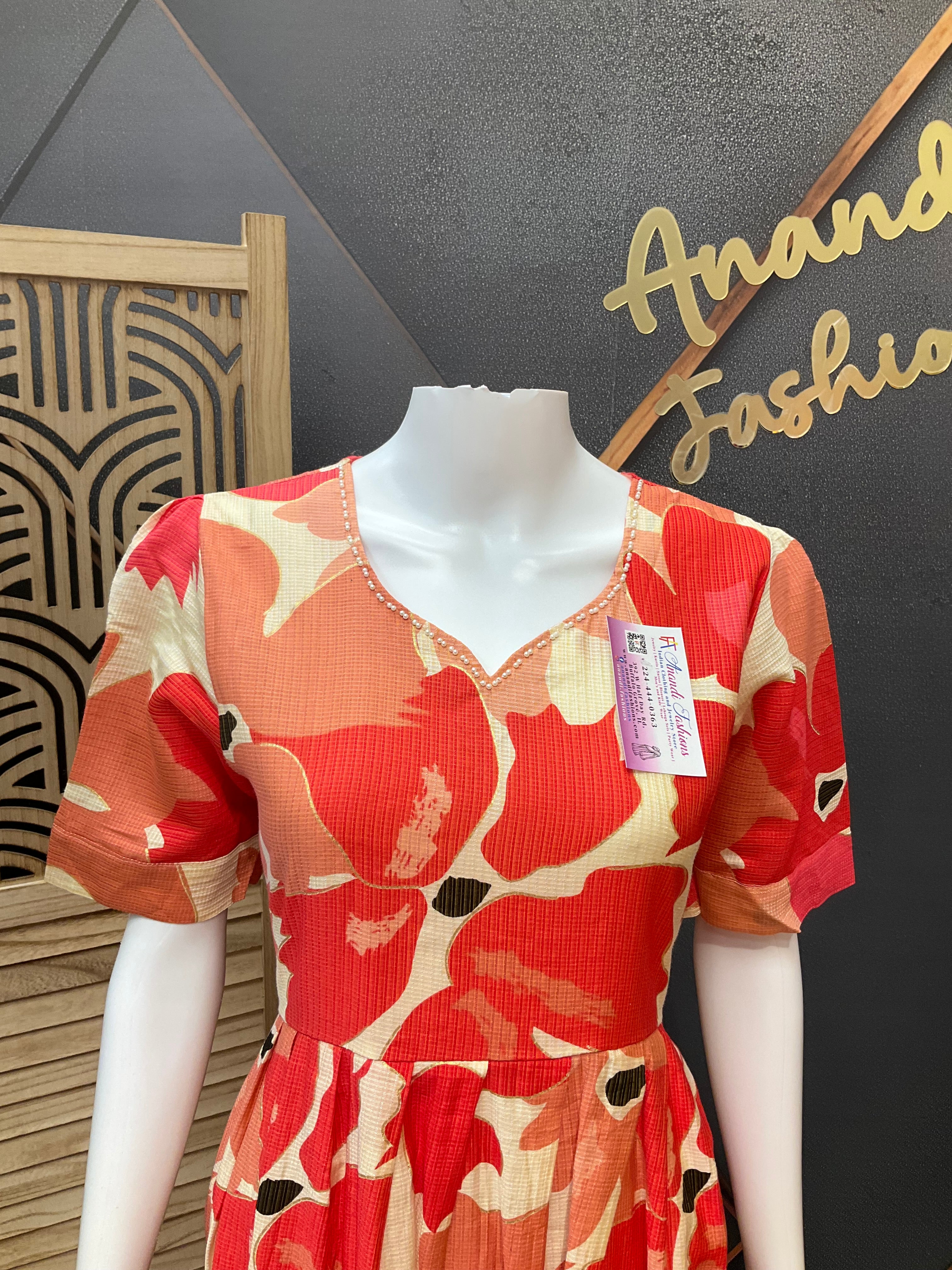 Orange - Patterned Long Dress/ Kurti