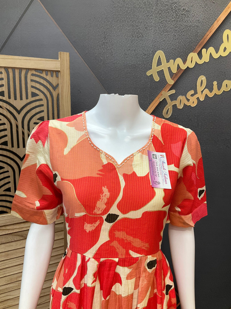 Orange - Patterned Long Dress/ Kurti