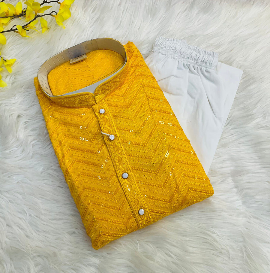 Yellow Color Rayon Chikankari Men’s wear Kurta set
