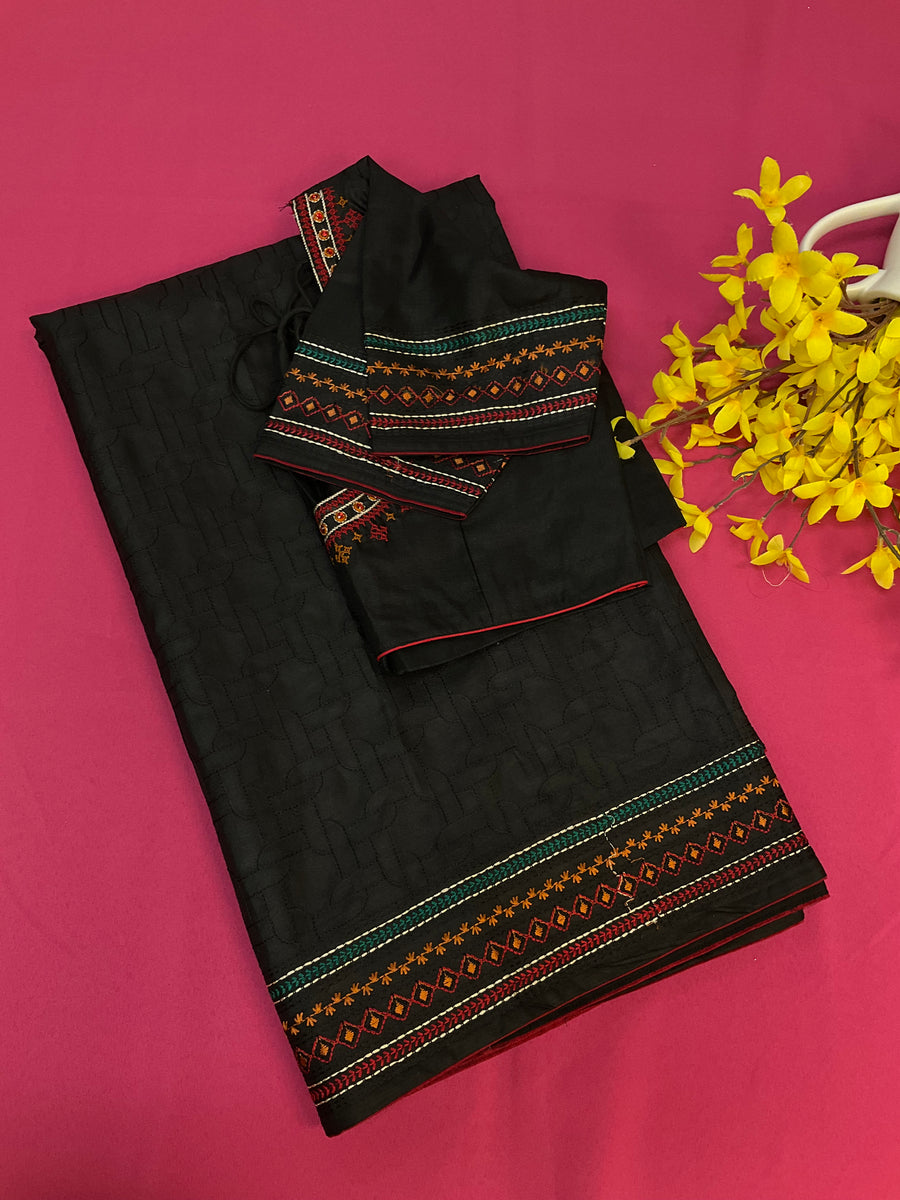 Black Designer Kantha Work Tussar Saree with Stitched Blouse