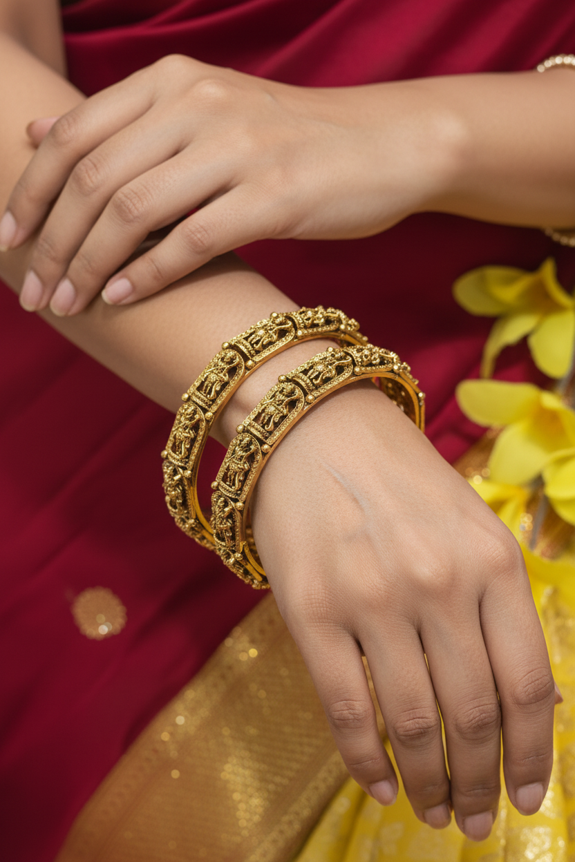 Close-up of hands wearing ornate gold ethnic bangles against red and gold Indian saree fabric with yellow flowers