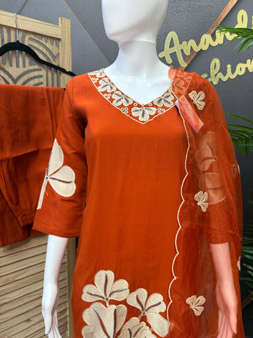 Size 38-Burnt Orange - Party Wear Kurti set with Embroidery Work