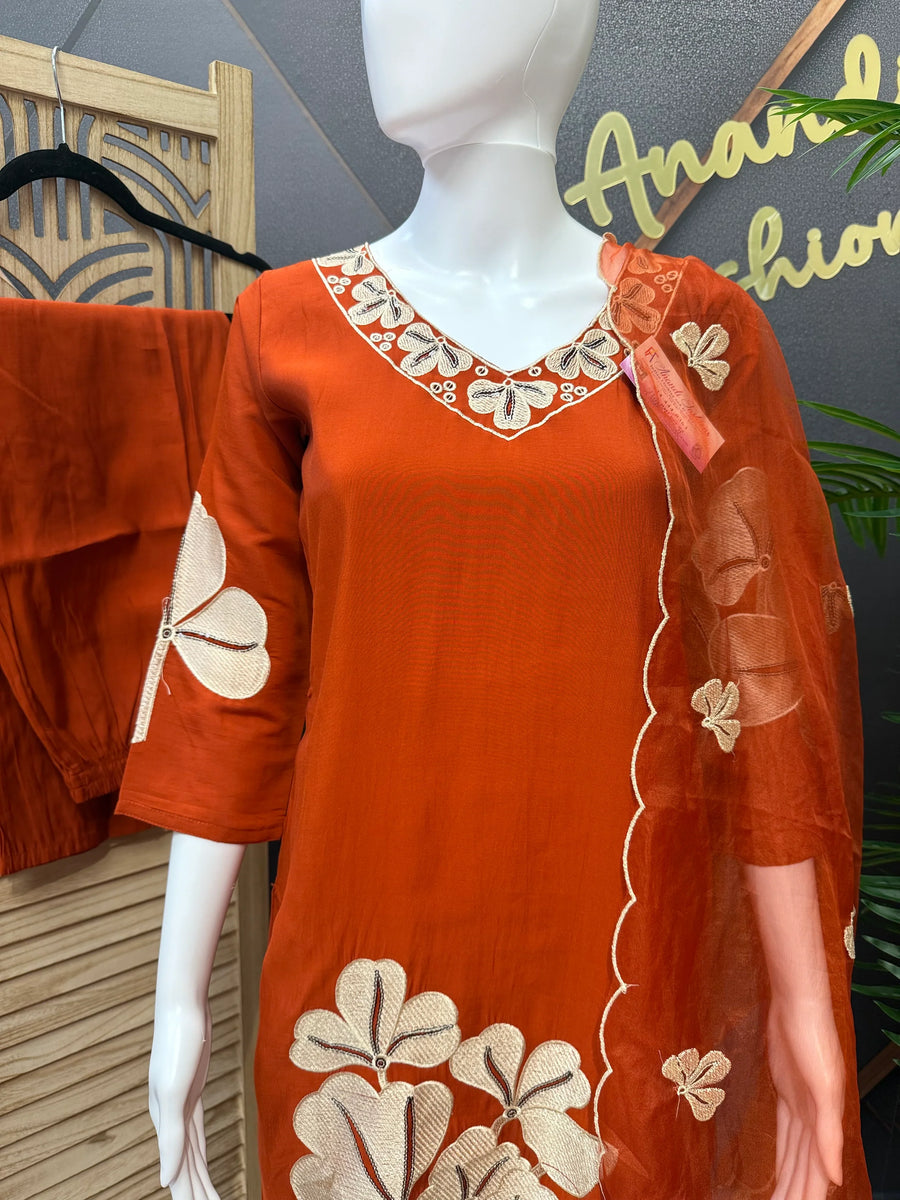 Size 38-Burnt Orange - Party Wear Kurti set with Embroidery Work