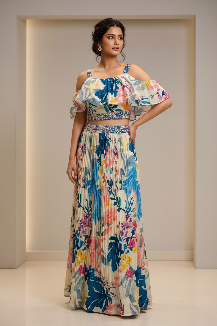 Floral Print Chinon Lehenga Set - Party & Wedding Wear