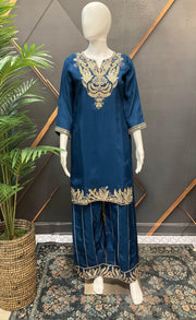 Teal Blue Party Wear Palazzo Set - Gold Zari Lightweight