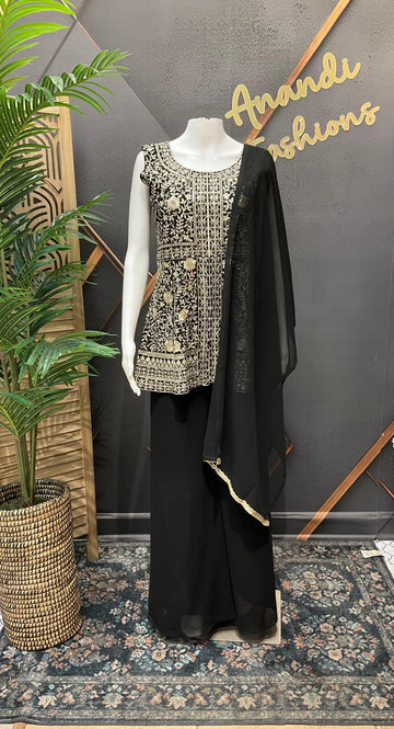 Black Chiffon Sharara Set Size 38 - Peplum Top Party Wear