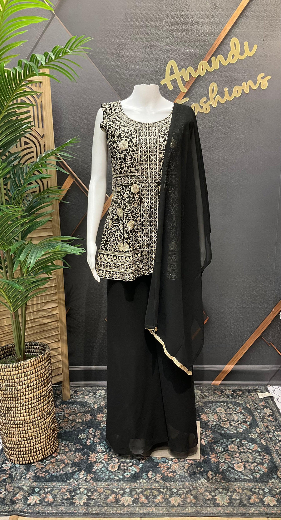 Black Chiffon Sharara Set Size 38 - Peplum Top Party Wear