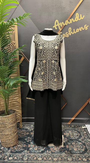 Black Chiffon Sharara Set Size 38 - Peplum Top Party Wear