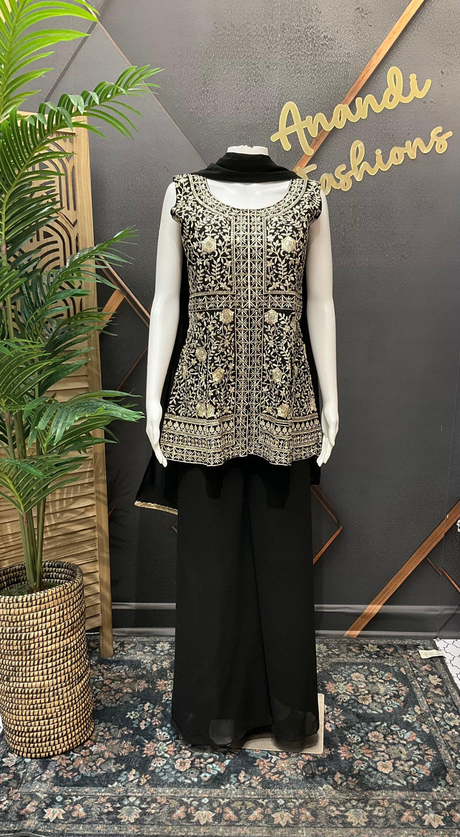 Black Chiffon Sharara Set Size 38 - Peplum Top Party Wear