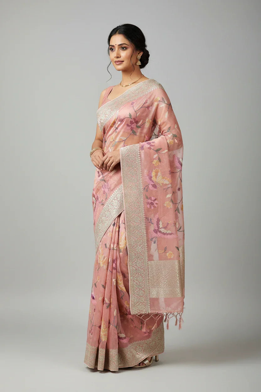 Woman wearing a pink floral Indian saree with silver zari border, styled with gold earrings and bracelet