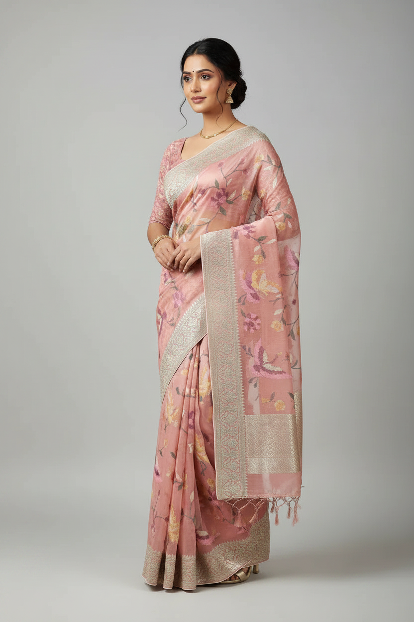 Woman wearing a pink floral Indian saree with silver zari border, styled with gold earrings and bracelet