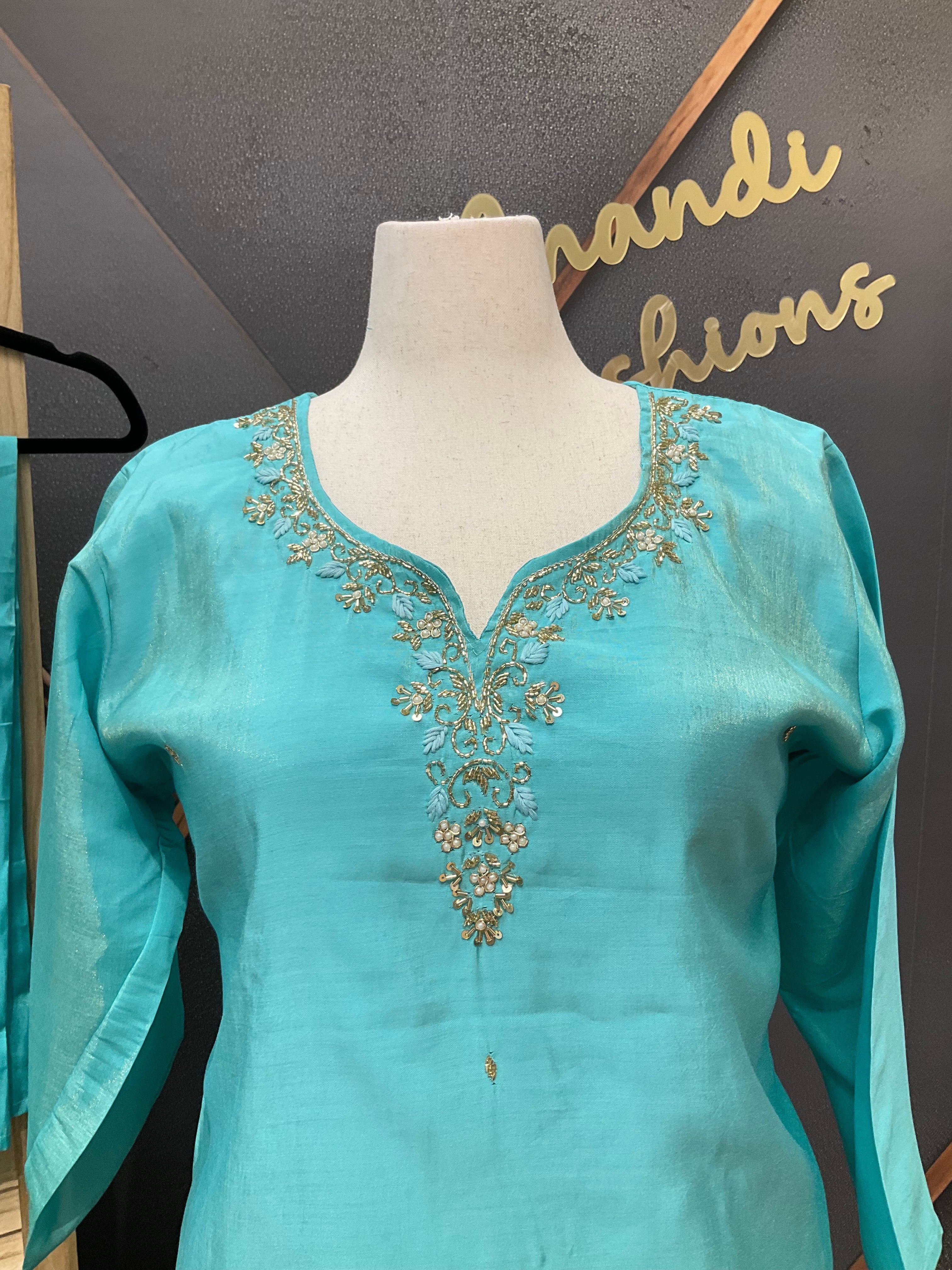 Plus Size - Aqua Blue Shimmery Tissue Party Wear Kurti Set