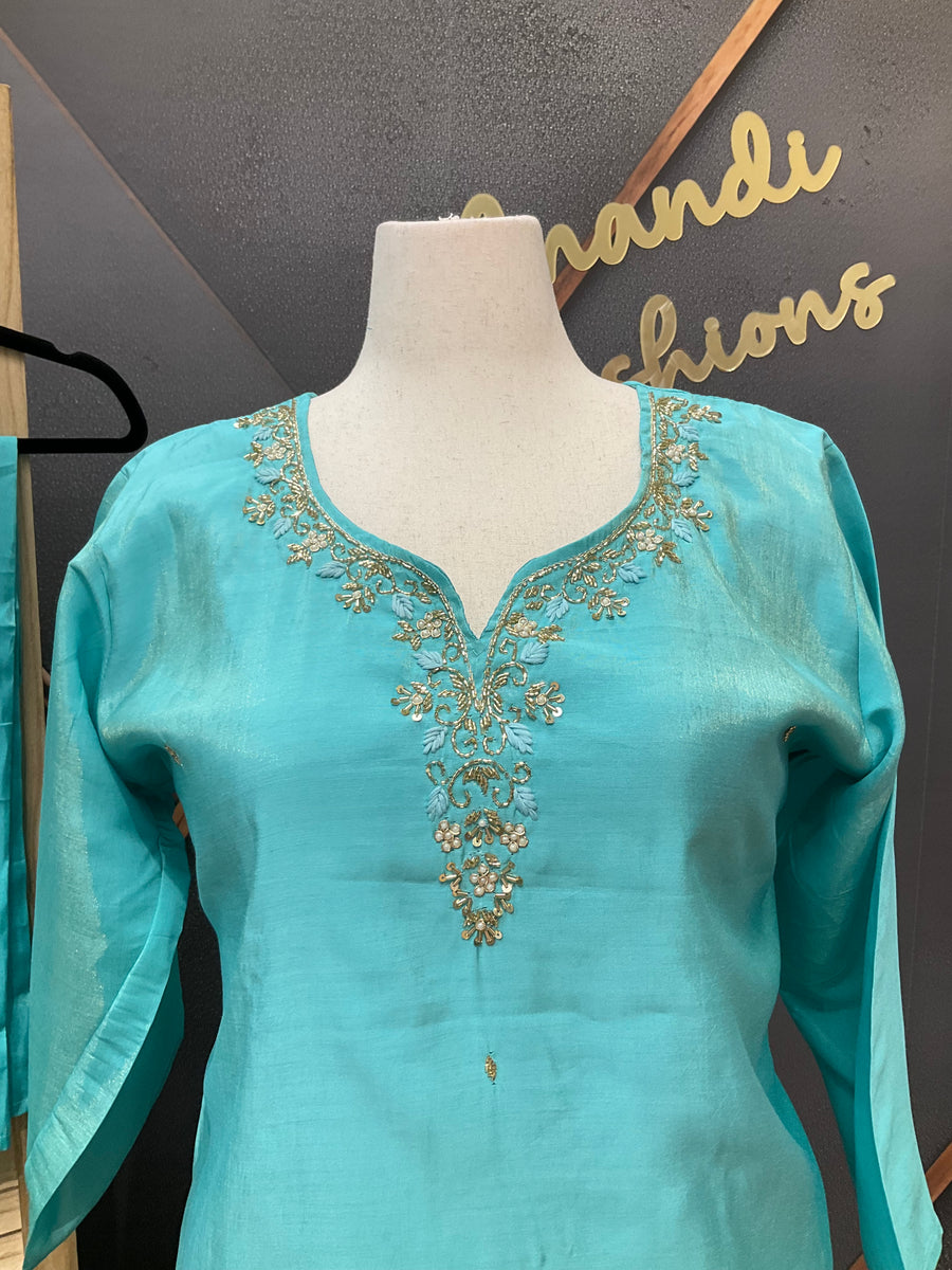 Plus Size - Aqua Blue Shimmery Tissue Party Wear Kurti Set