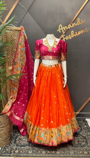 Orange & Pink Silk Kota Half Saree set
