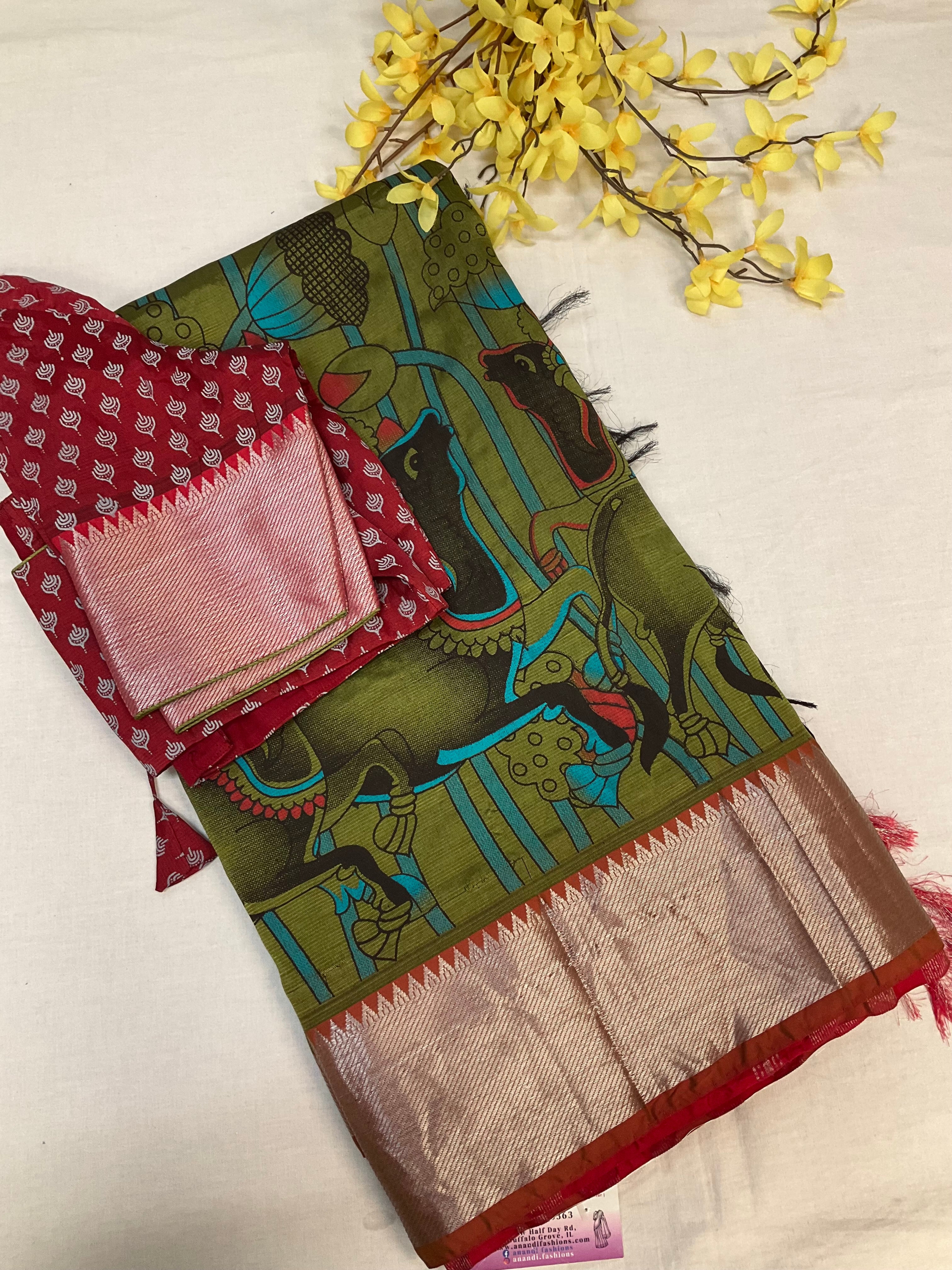 Green- Digital Print Mangalagiri Silk Saree