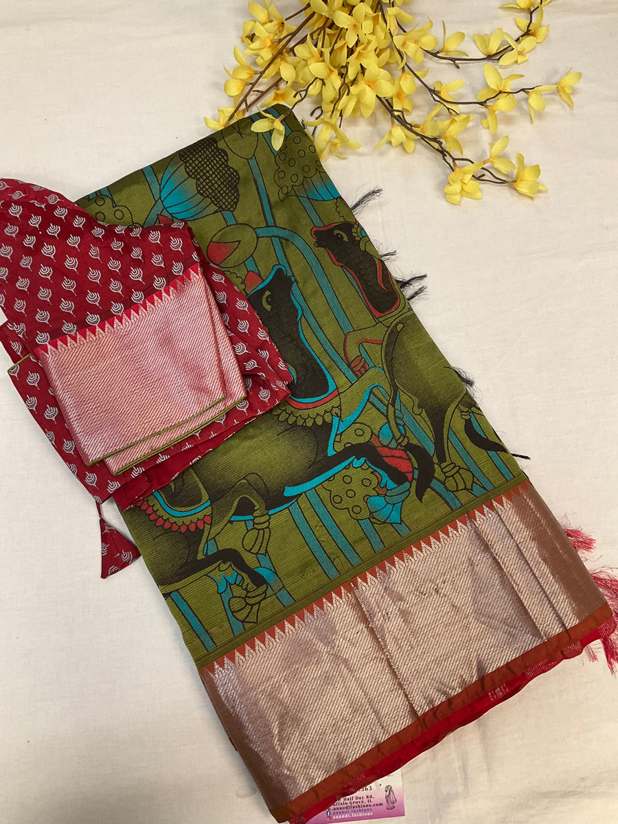 Green- Digital Print Mangalagiri Silk Saree
