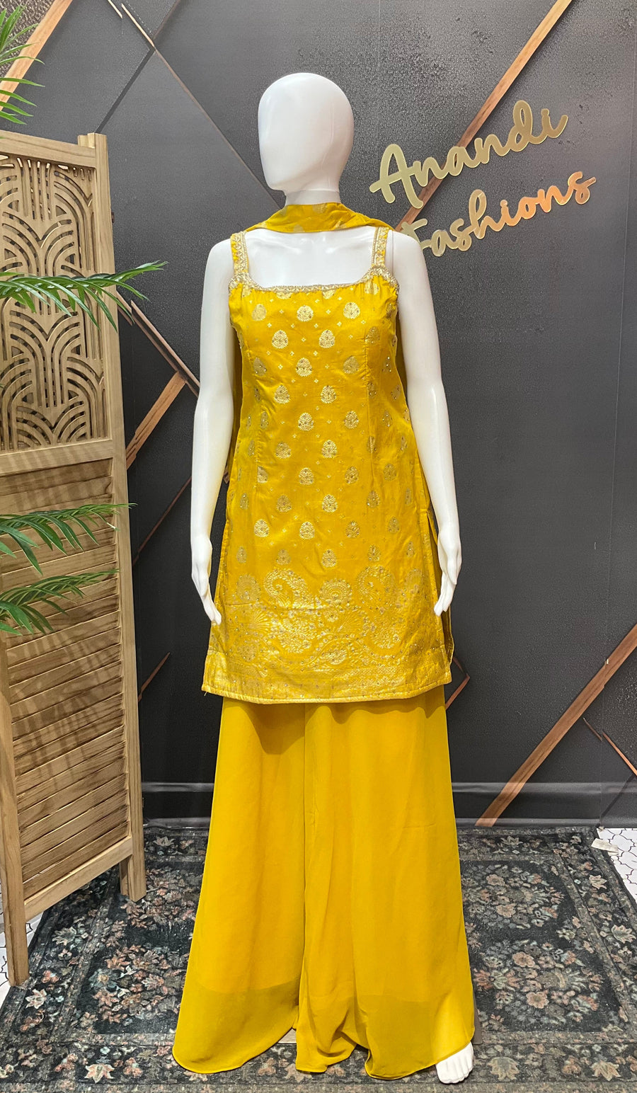 Yellow Benarasi Silk Sleeveless Palazzo Set