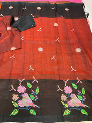 Mangalagiri Silk Orange Saree with stitched Blouse