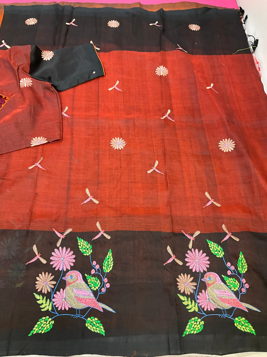 Mangalagiri Silk Orange Saree with stitched Blouse