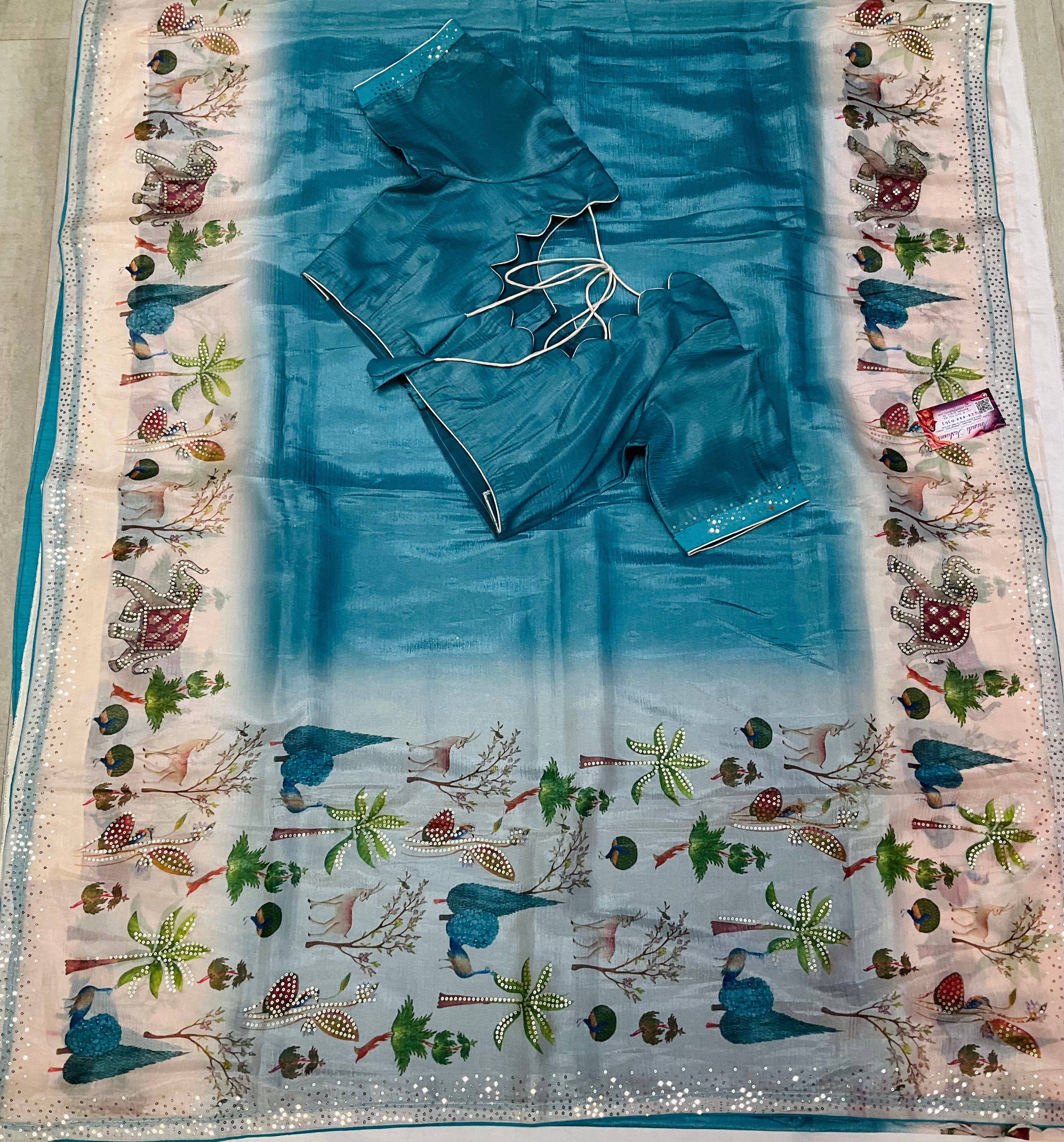 Blue Party wear saree with Stitched blouse- fall pico done