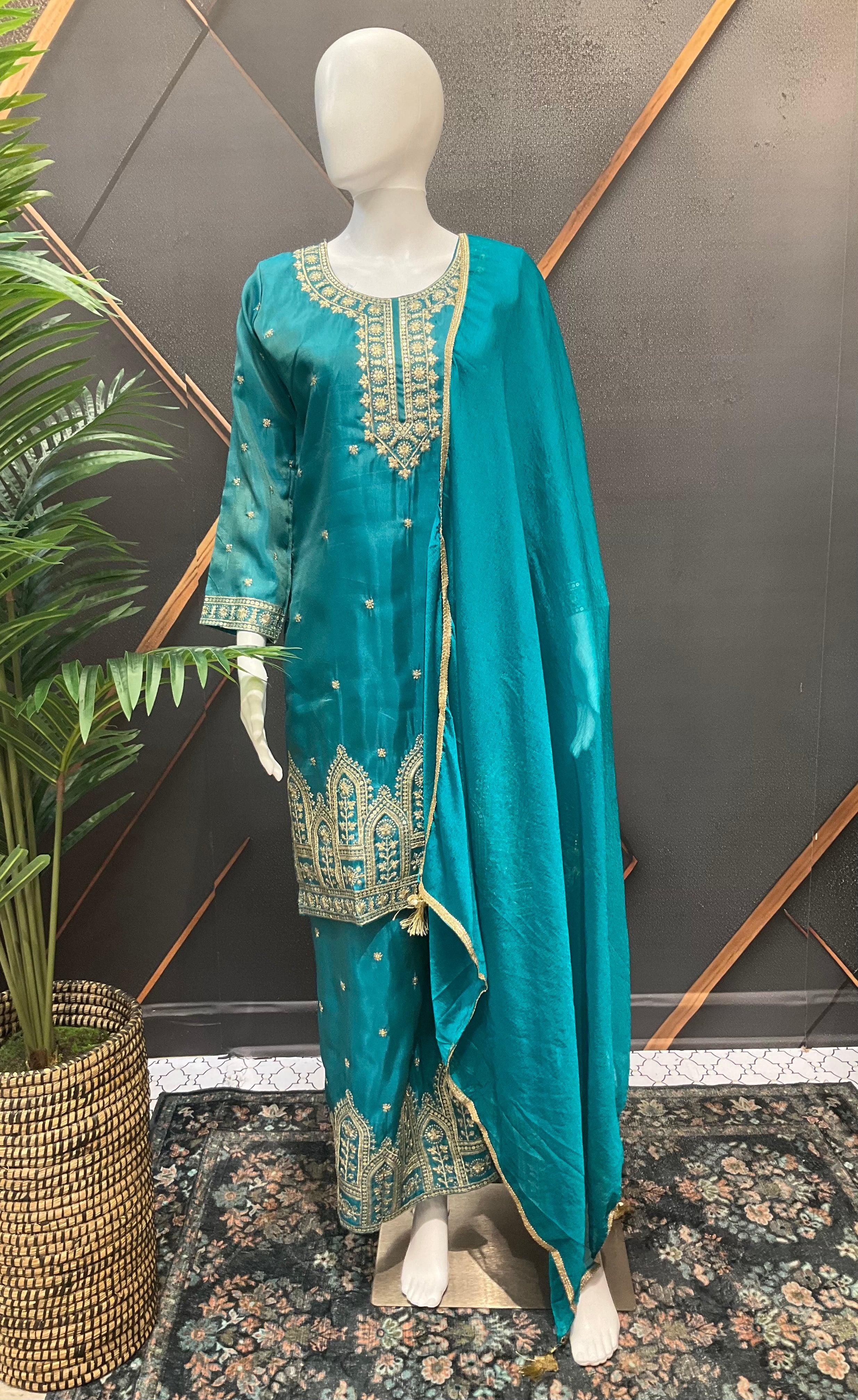 Ocean Rama Party Wear Palazzo Set - Shimmery with Gold Zari