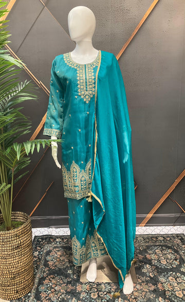 Ocean Rama Party Wear Palazzo Set - Shimmery with Gold Zari