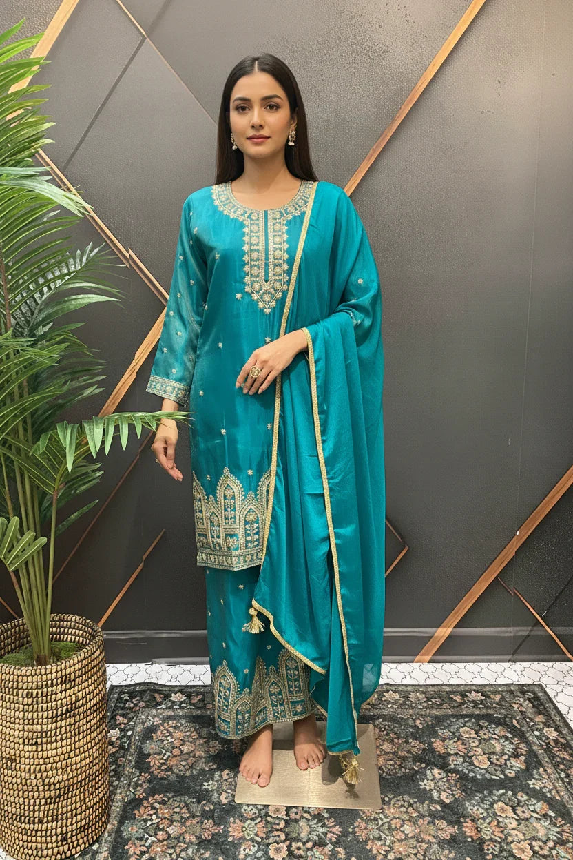 Woman in teal Indian ethnic wear with gold embroidery, holding matching dupatta, standing indoors by plant