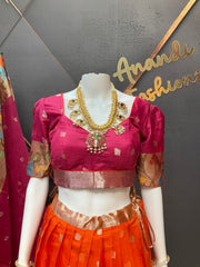 Orange & Pink Silk Kota Half Saree set