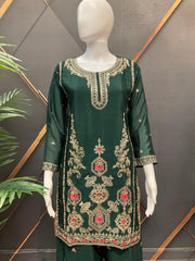 Dark Green Party Wear Palazzo Set - Lightweight Shimmery with Gold Embroidery