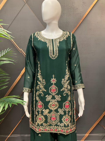 Dark Green Party Wear Palazzo Set - Lightweight Shimmery with Gold Embroidery