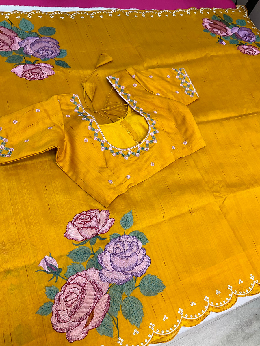 Yellow Tussar Silk saree with Stitched Blouse