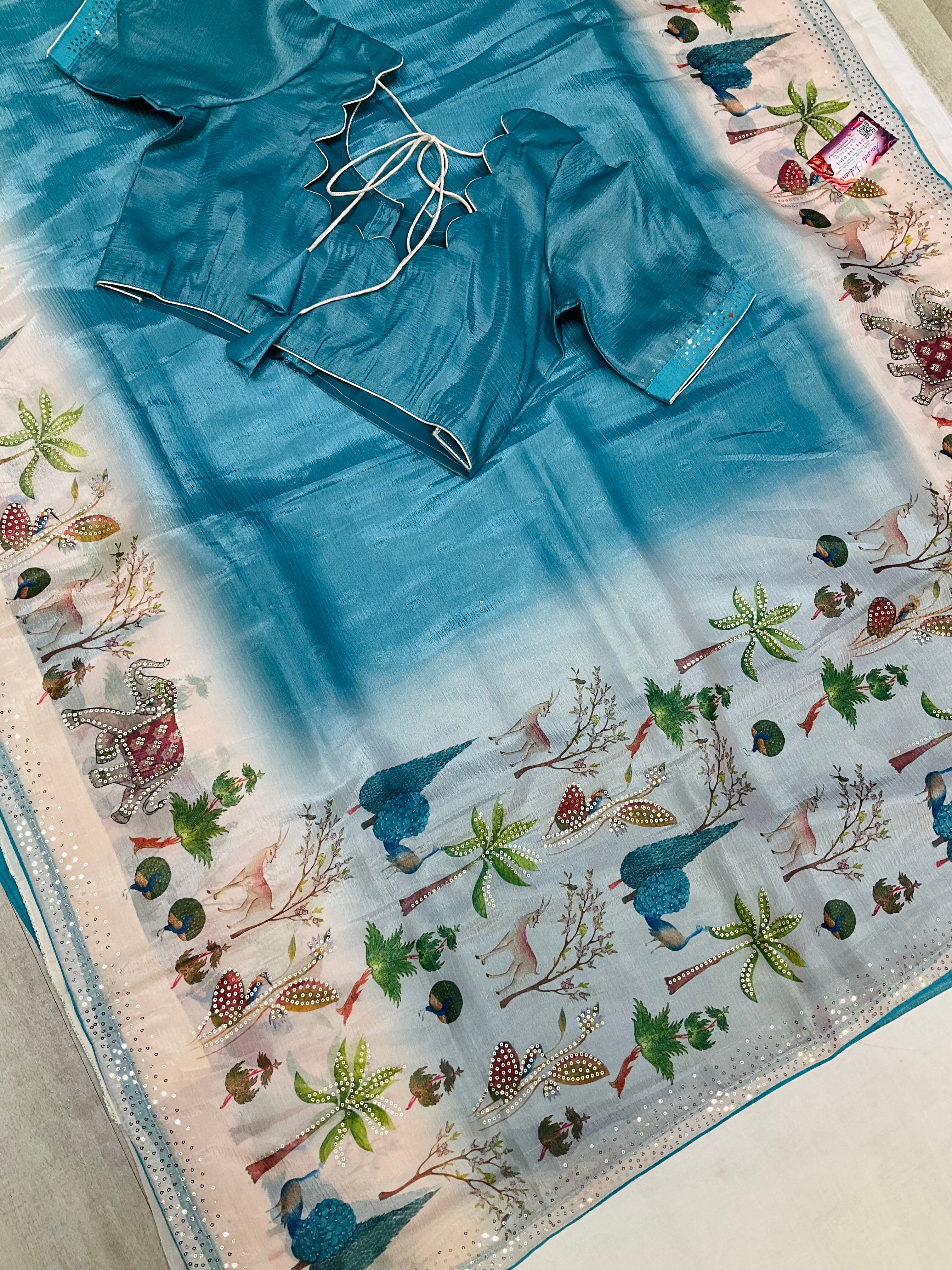 Blue Party wear saree with Stitched blouse- fall pico done