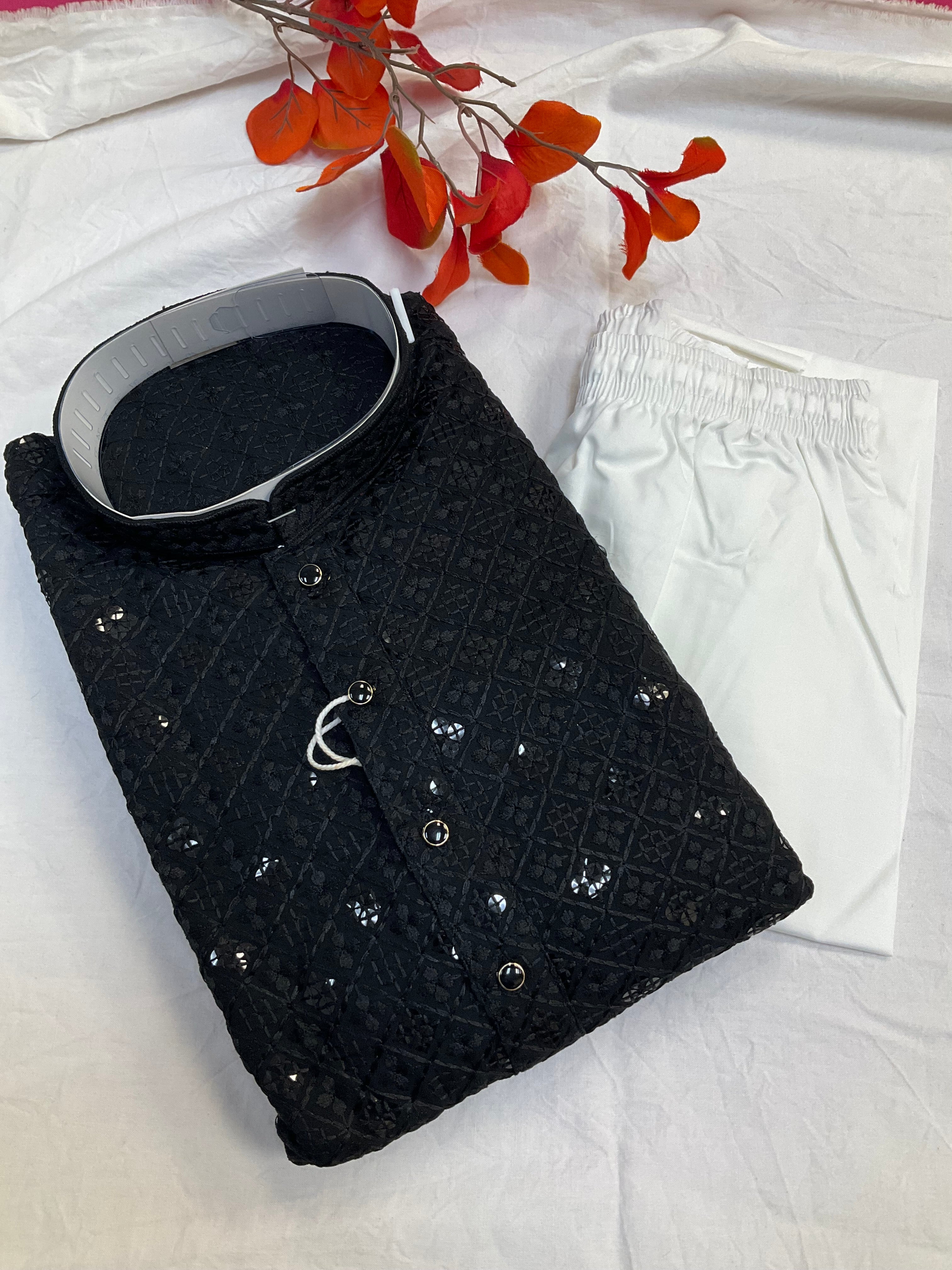Men’s Black Rayon Chikankari Kurta Set