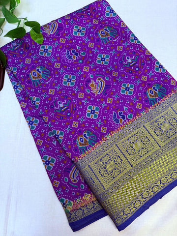 Violet Patola Semi Silk Saree with 7 Inch Border - Lightweight