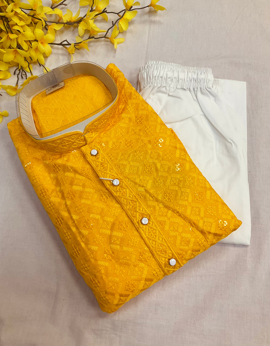 Yellow Color Rayon Chikankari Men’s wear Kurta set