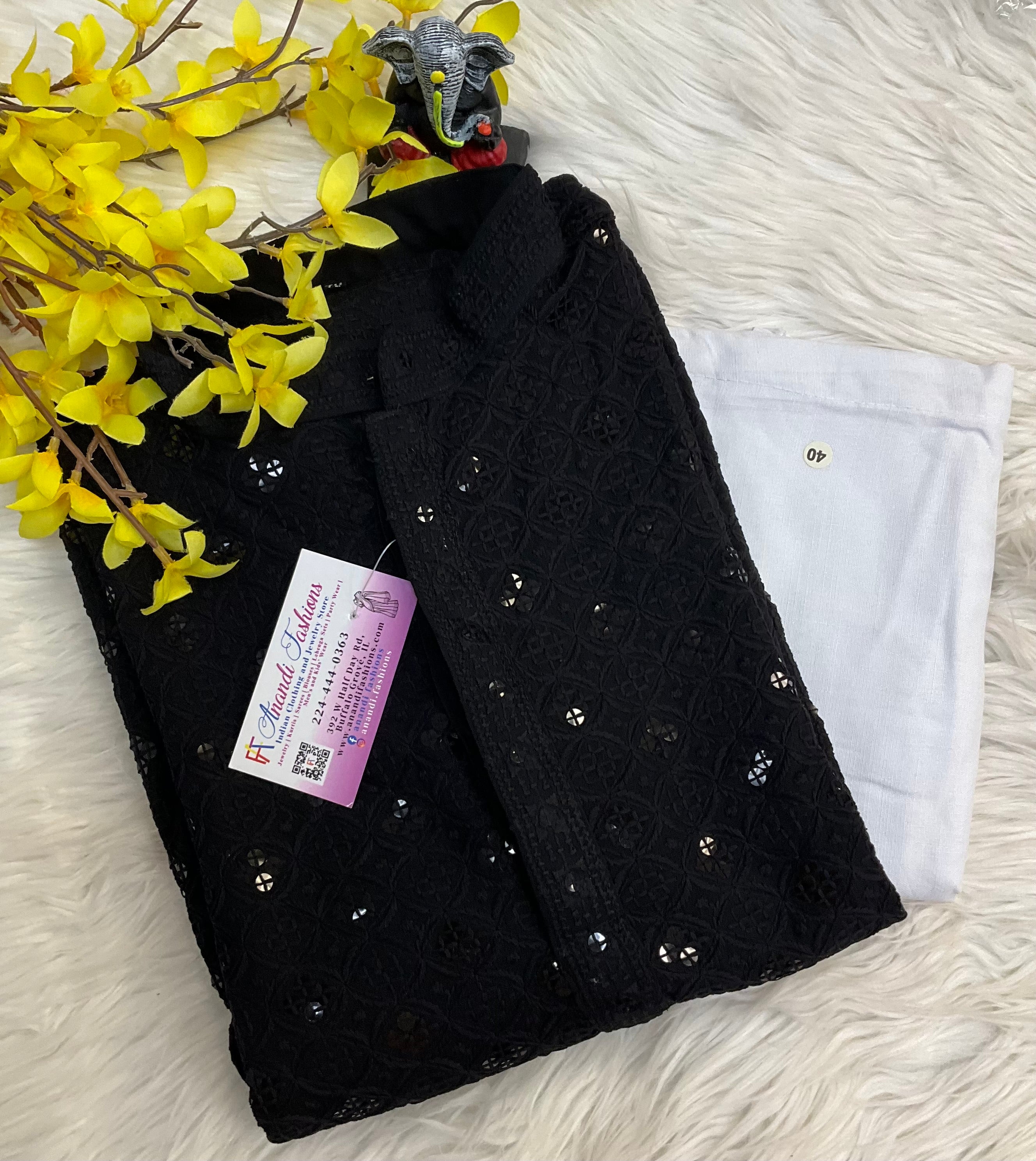 Black chikankari kurta set for men - size 40