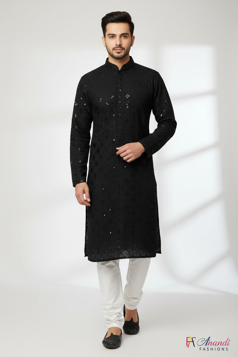 Men’s Black Chikankari Kurta Set