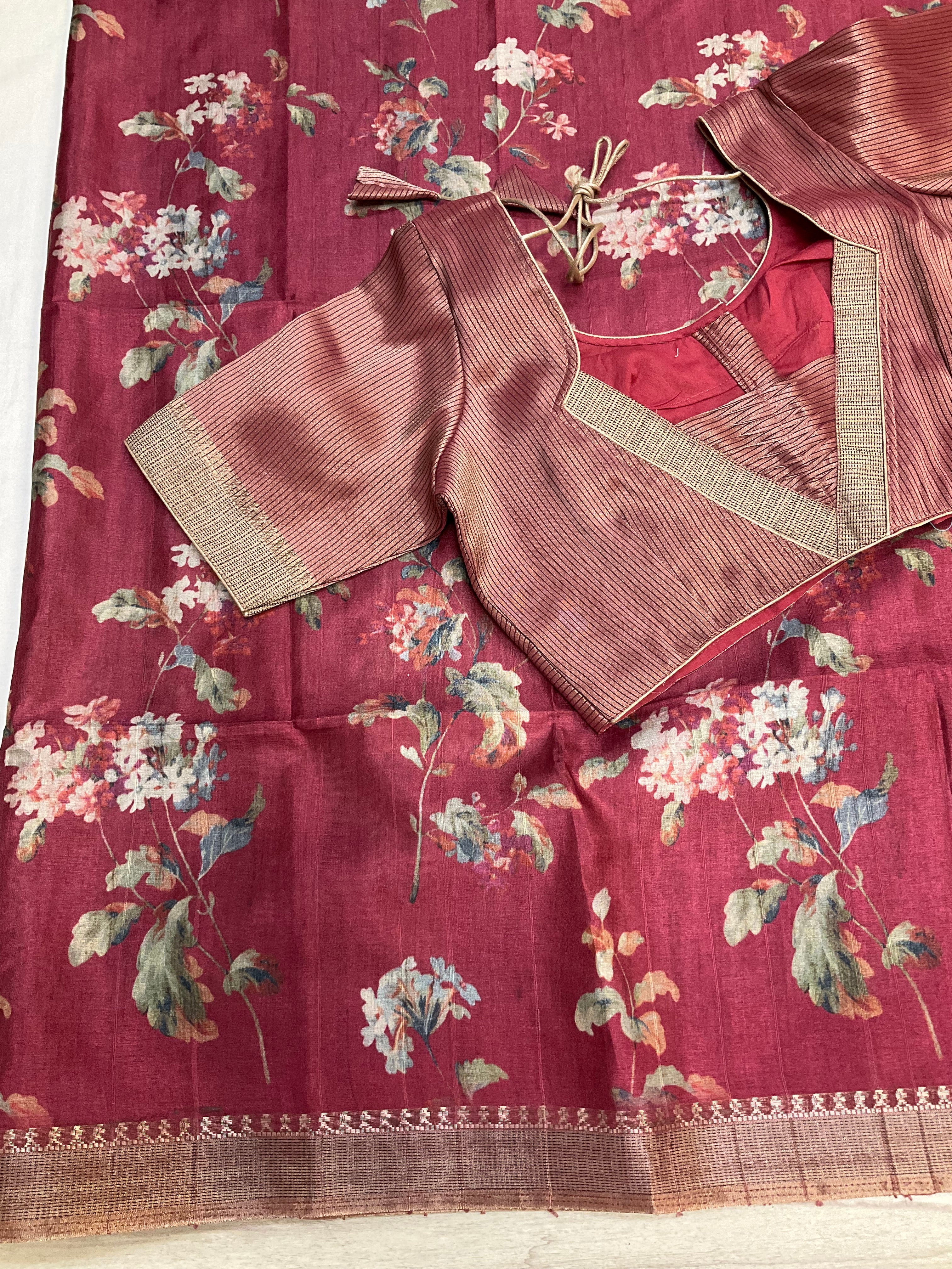 Onion pink digital print floralsaree with Stitched blouse - fall pico done