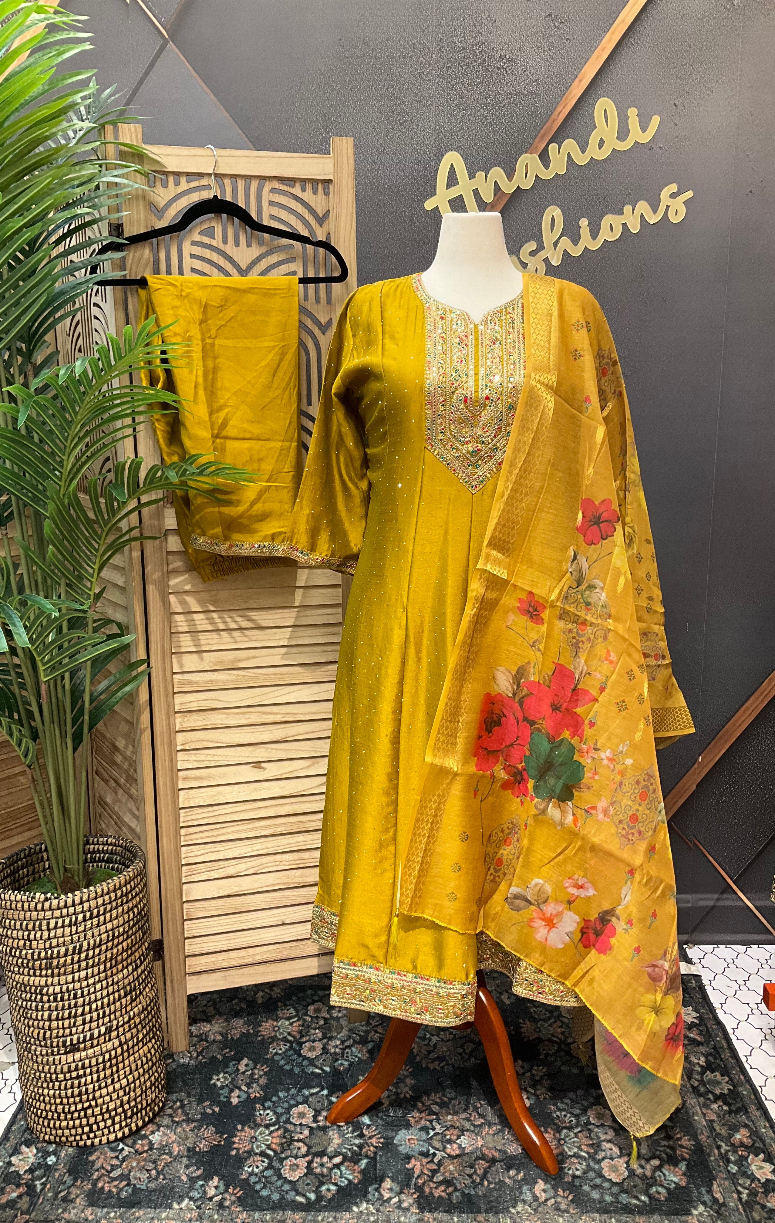 Plus Size - Mustard Yellow Color Anarkali Kurti set- Size 46/50