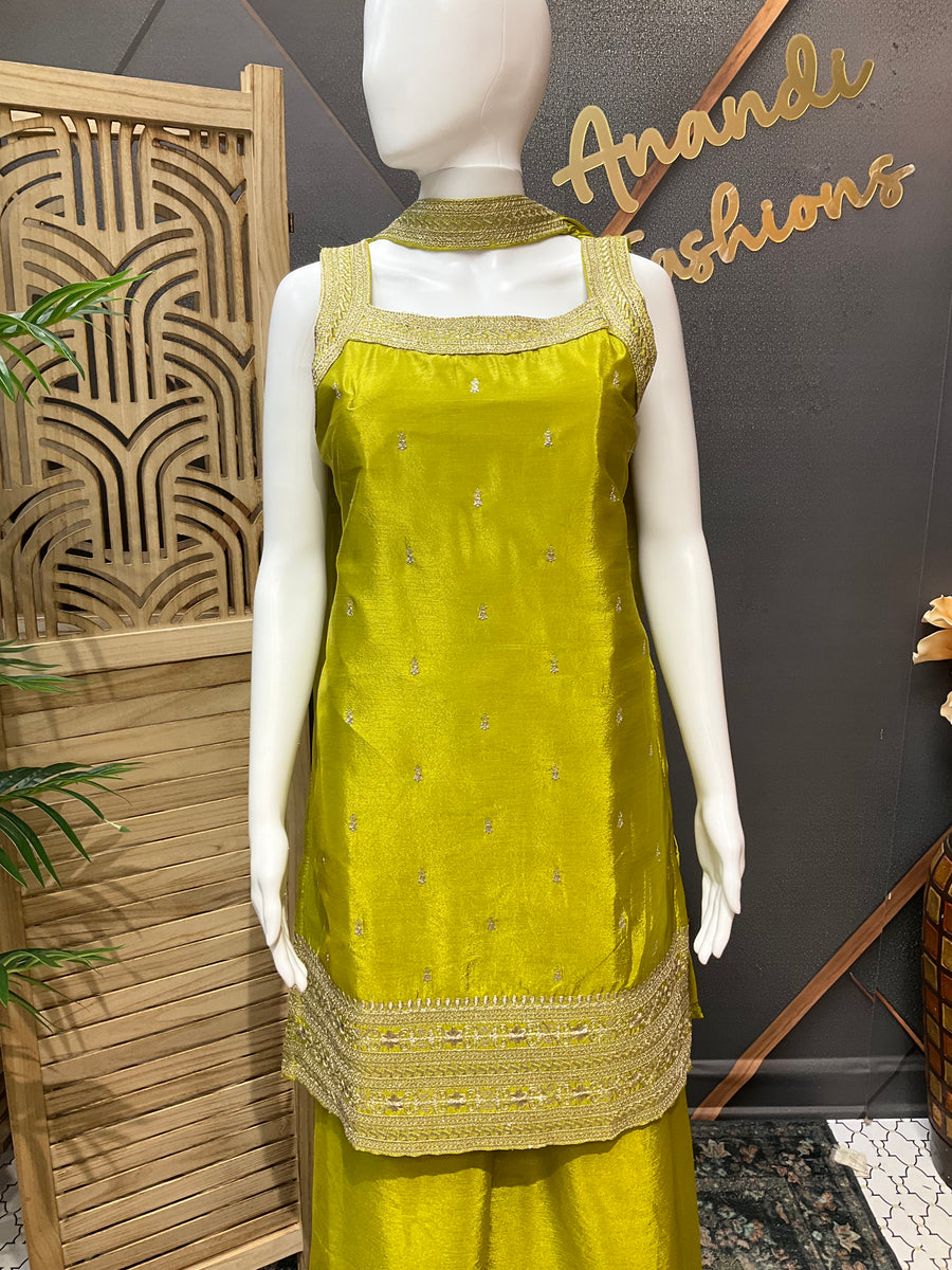 Green Party Wear Sleeveless Palazzo set